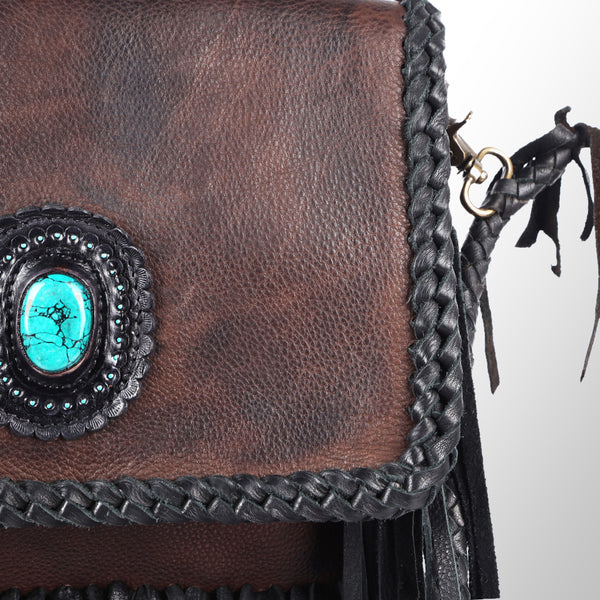 ADBGM261 Handcrafted Leather Crossbody Bag with Turquoise Concho & Braided Trim - Western Shoulder Purse