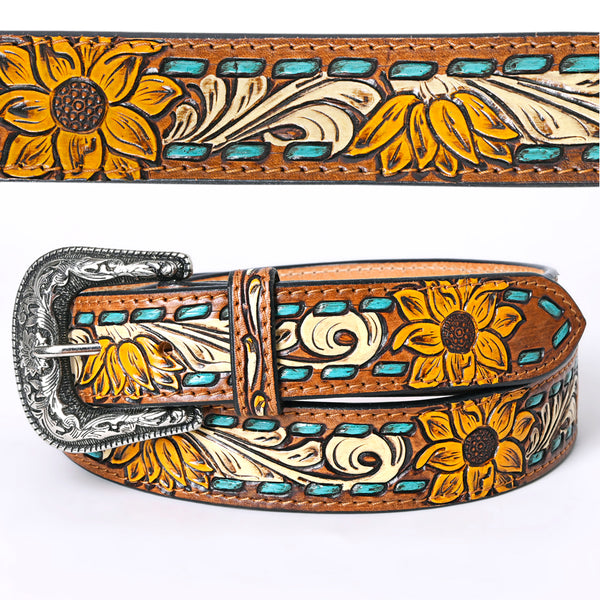 LC-ADBLF204 Sunflower Tooled Leather Belt with Teal Whipstitch and Silver Buckle
