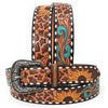 ADBLF207 Tooled Leather Western Belt with Leopard Print, Sunflowers & Turquoise Feathers