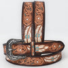 LC-ADBLF209 Tooled Leather Western Belt with White Feathers, Turquoise Accents & Floral Design
