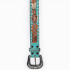 ADBLF212 Turquoise Tooled Leather Western Belt with Tribal & Scroll Pattern