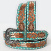 ADBLF212 Turquoise Tooled Leather Western Belt with Tribal & Scroll Pattern