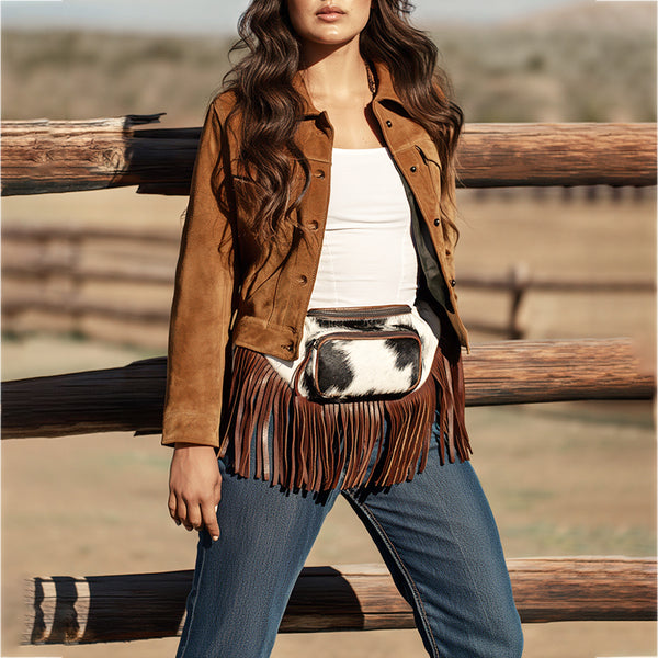 ADBG1124 American Darling Handcrafted Western Leather Fanny Pack with Hair-On Cowhide & Fringes