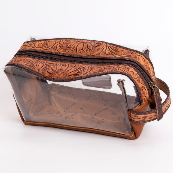 ADBG994 American Darling Hand Tooled Floral Leather Toiletry Clear Bag with Artisan Carving