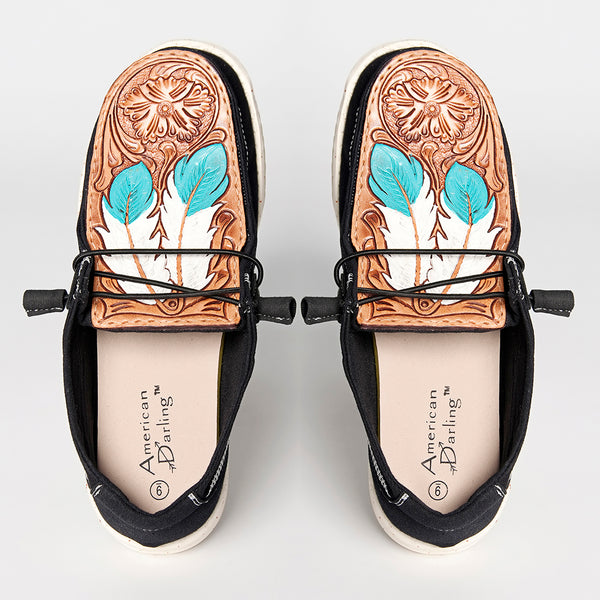 LC-ADFT133BK3 Women's Feather Tooled Leather Canvas Loafers - Western Casual Slip-On