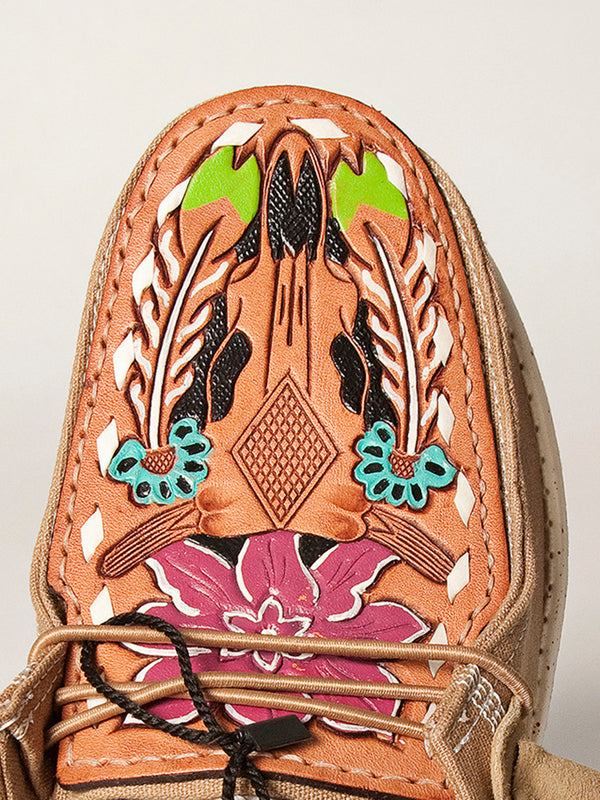 LC-ADFT133BR2 Women's Floral & Feather Tooled Leather Canvas Loafers - Multicolor Western Slip-On