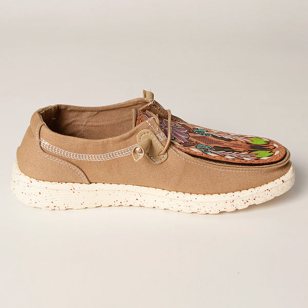 LC-ADFT133BR2 Women's Floral & Feather Tooled Leather Canvas Loafers - Multicolor Western Slip-On