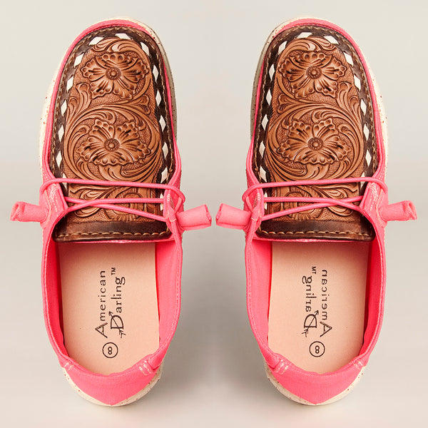LC-ADFT133NEPK4 Women's Tooled Leather Canvas Loafers - Pink Slip-On with Dark Brown Floral Top