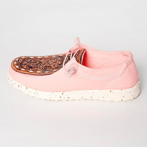 LC-ADFT133PK4 Women's Pink Canvas Loafers with Hand-Tooled Leather - American Darling Floral Slip-Ons