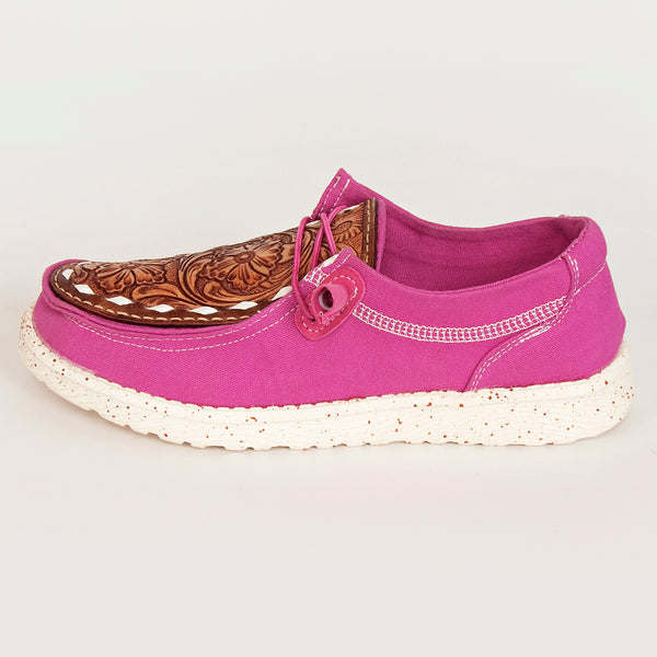 LC-ADFT133PU4 Women's Pink Canvas Loafers with Tooled Leather - American Darling Western Floral Slip-Ons