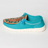 LC-ADFT133TR8 Women's Turquoise Canvas Tooled Leather Loafers - American Darling Western Inlay Slip-Ons
