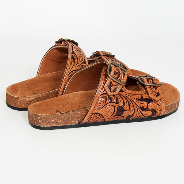 LC-ADFTE103A Hand-Tooled Leather Buckle Sandals - Double Strap Western Slides by American Darling