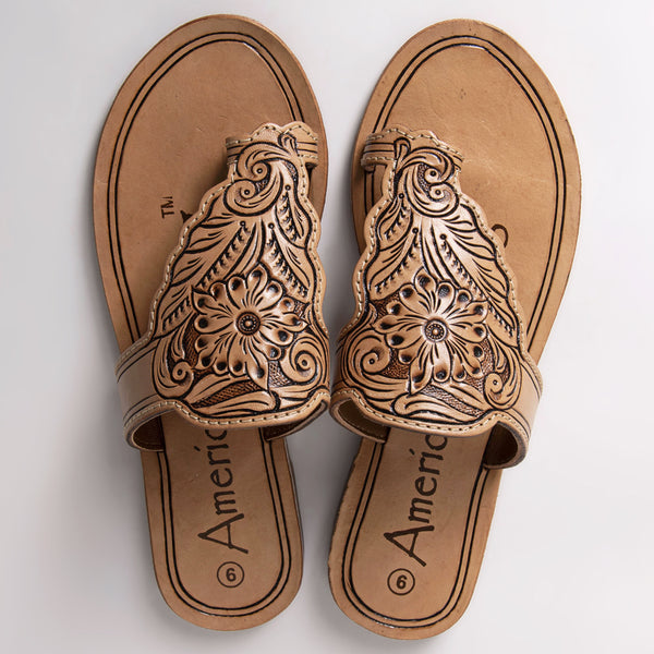 LC-ADFTE109 Hand-Tooled Leather Toe Ring Sandals - Floral Western Slides by American Darling