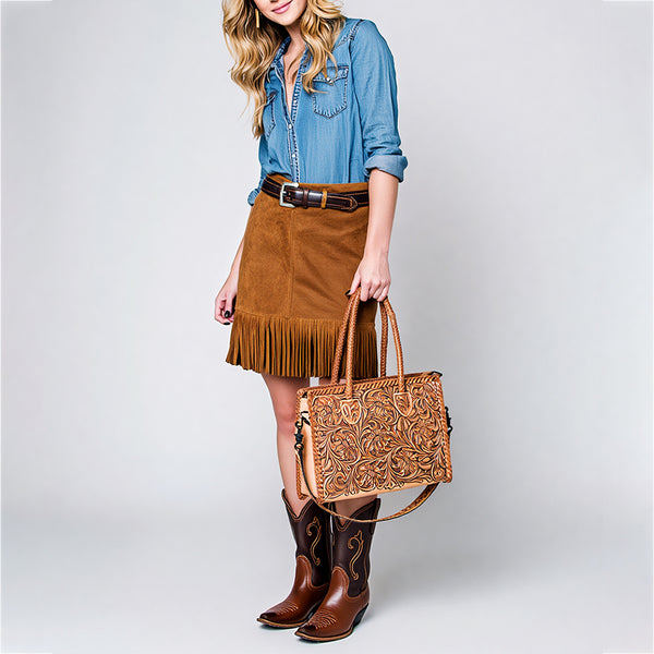 ADBG1131 American Darling Hand Tooled Leather Tote Bag -Western Floral Carved Purse