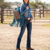 LC-ADBGZ741 Teal Hand Tooled Leather Fringe Backpack - Western Cowgirl Drawstring Bag