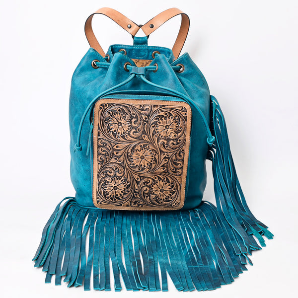 LC-ADBGZ741 Teal Hand Tooled Leather Fringe Backpack - Western Cowgirl Drawstring Bag