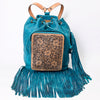 LC-ADBGZ741 Teal Hand Tooled Leather Fringe Backpack - Western Cowgirl Drawstring Bag