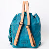 LC-ADBGZ741 Teal Hand Tooled Leather Fringe Backpack - Western Cowgirl Drawstring Bag