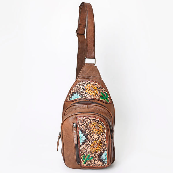 ADBG1153 American Darling Tooled Leather Sling Bag -Floral Carved Western Backpack