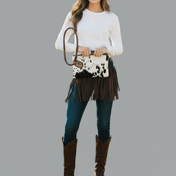 ADBG1155 American Darling Cowhide Fringe Wristlet Bag -Western Leather Clutch