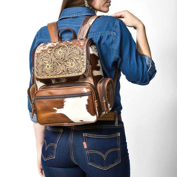 ADBG1157 American Darling Cowhide & Tooled Leather Backpack -Western Travel Bag