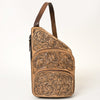 ADBG1176 American Darling Hand-Tooled Leather Sling Bag -Floral Carved Multi-Pocket Backpack
