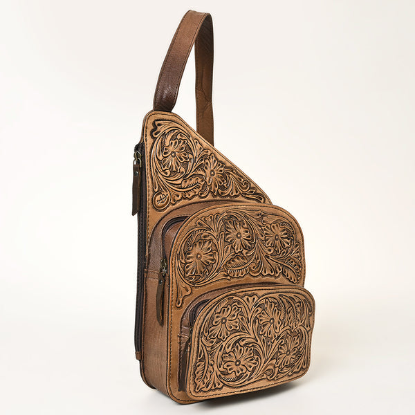 ADBG1176 American Darling Hand-Tooled Leather Sling Bag -Floral Carved Multi-Pocket Backpack
