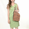 ADBG1176 American Darling Hand-Tooled Leather Sling Bag -Floral Carved Multi-Pocket Backpack