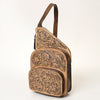 ADBG1176 American Darling Hand-Tooled Leather Sling Bag -Floral Carved Multi-Pocket Backpack