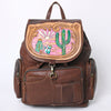 LC-ADBGM344 Tooled Leather Western Backpack with Hand-Painted Desert Cactus Flap - Genuine Brown Leather