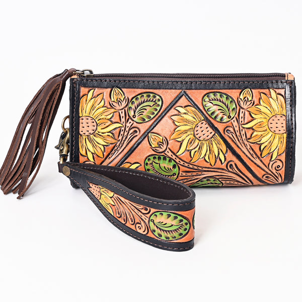ADBGA342 American Darling Hand Tooled Leather Floral Carved Wristlet Bag