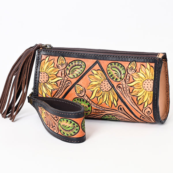 ADBGA342 American Darling Hand Tooled Leather Floral Carved Wristlet Bag