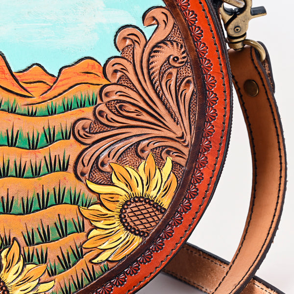 ADBGA348 American Darling Hand Tooled Genuine Leather Round Canteen Bag