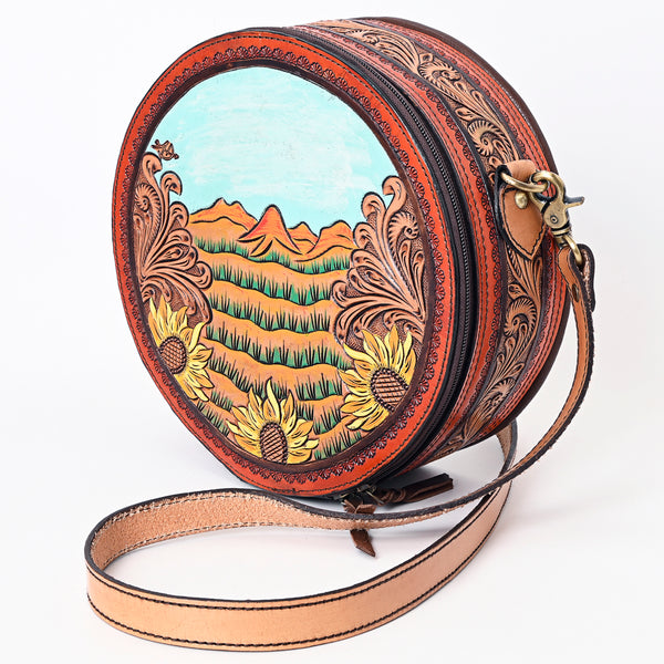 ADBGA348 American Darling Hand Tooled Genuine Leather Round Canteen Bag