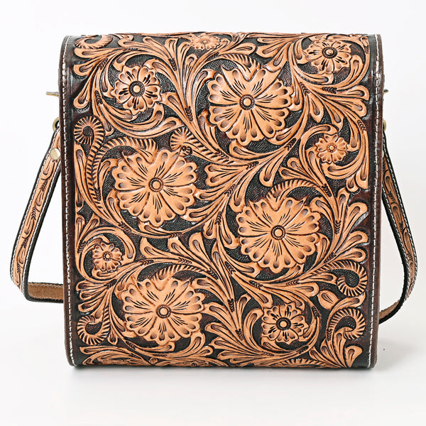 ADBGA356 American Darling Hand-Tooled Leather Western Crossbody Bag Floral Pattern & Buckle Strap
