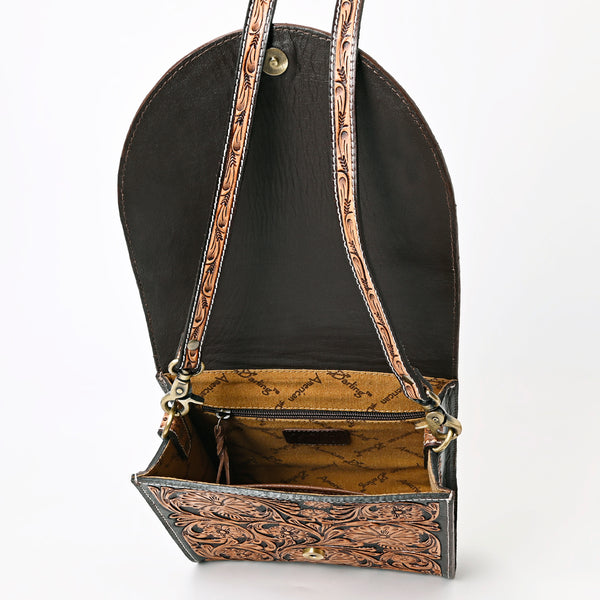 ADBGA356 American Darling Hand-Tooled Leather Western Crossbody Bag Floral Pattern & Buckle Strap