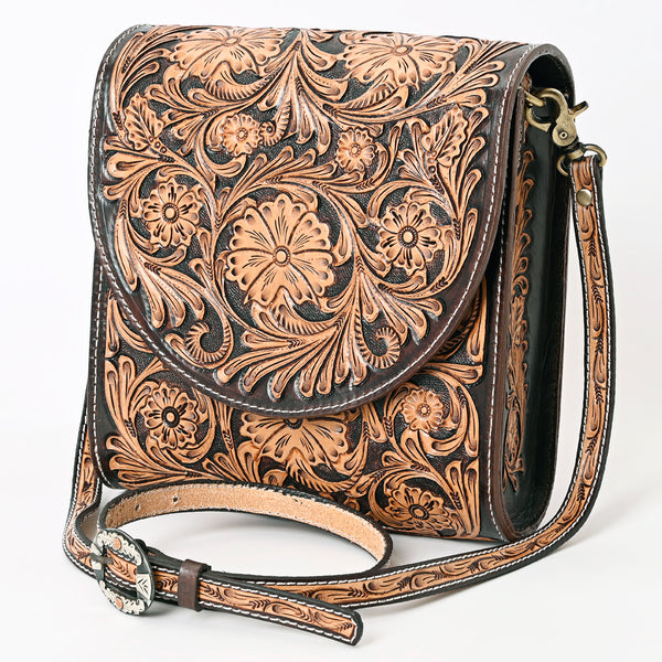 ADBGA356 American Darling Hand-Tooled Leather Western Crossbody Bag Floral Pattern & Buckle Strap