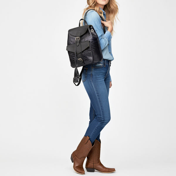 ADBG1179B American Darling Crocodile Embossed Leather Backpack -Western Flap Closure Bag