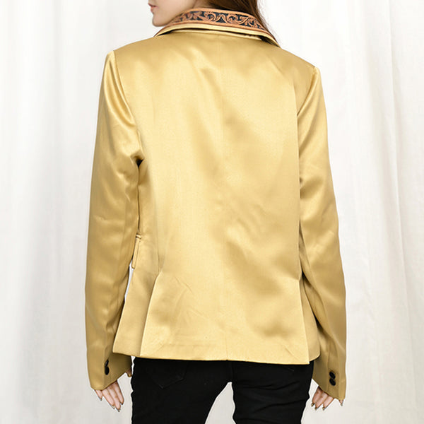 ADBZ022 Artisanal Hand-Tooled Floral Leather & Yellow Fabric Western Blazer