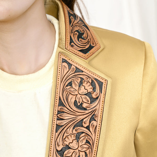 ADBZ022 Artisanal Hand-Tooled Floral Leather & Yellow Fabric Western Blazer