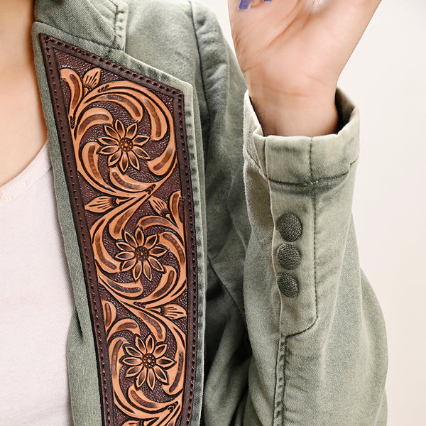 ADBZ023 Women's Denim Western Blazer with Hand-Tooled Harness Leather Trim