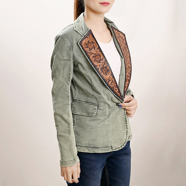 ADBZ023 Women's Denim Western Blazer with Hand-Tooled Harness Leather Trim