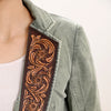 ADBZ023 Women's Denim Western Blazer with Hand-Tooled Harness Leather Trim