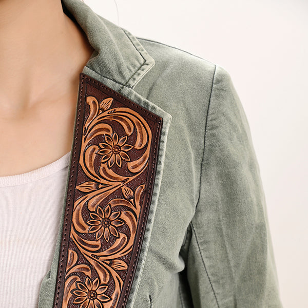 ADBZ023 Women's Denim Western Blazer with Hand-Tooled Harness Leather Trim