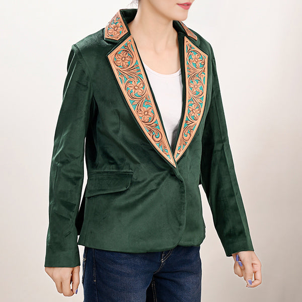 ADBZ024 Chic Fabric Blazer with Hand-Tooled Floral Leather Lapels & Collar