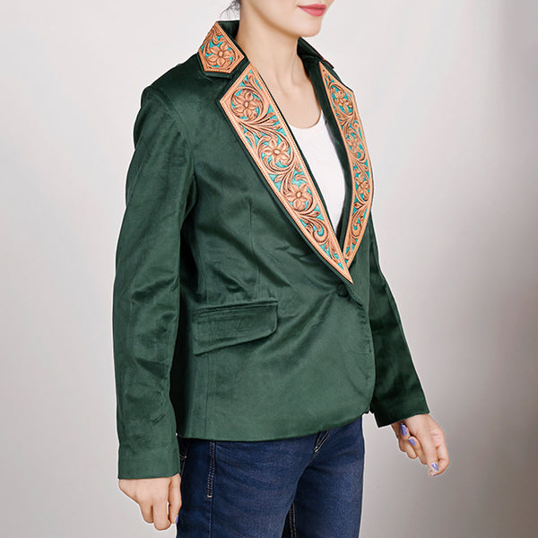 ADBZ024 Chic Fabric Blazer with Hand-Tooled Floral Leather Lapels & Collar