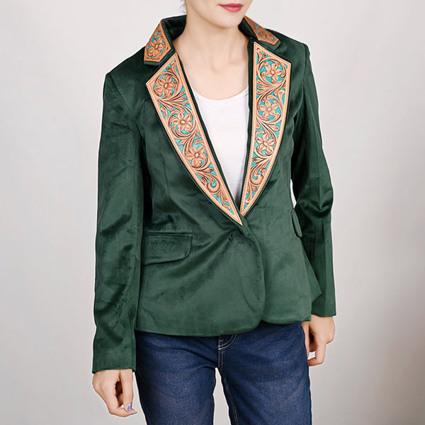 ADBZ024 Chic Fabric Blazer with Hand-Tooled Floral Leather Lapels & Collar