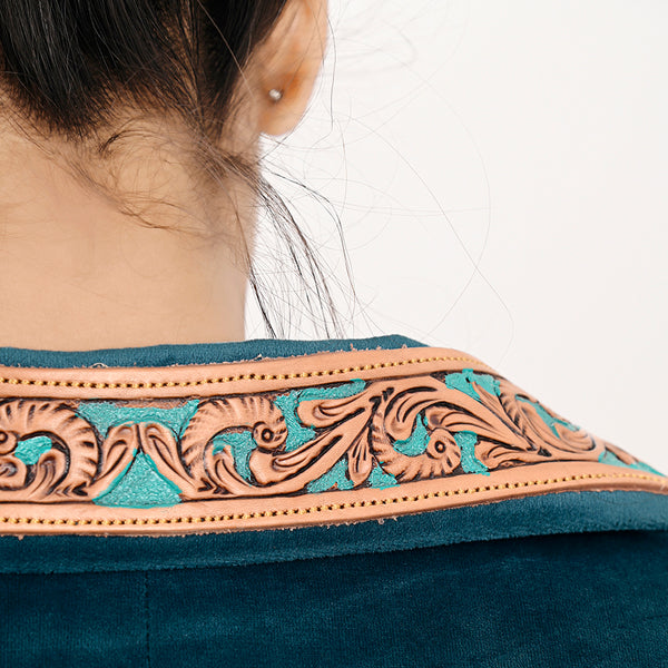 ADBZ027 Luxury Teal Fabric Western Blazer with Floral Harness Leather Trim