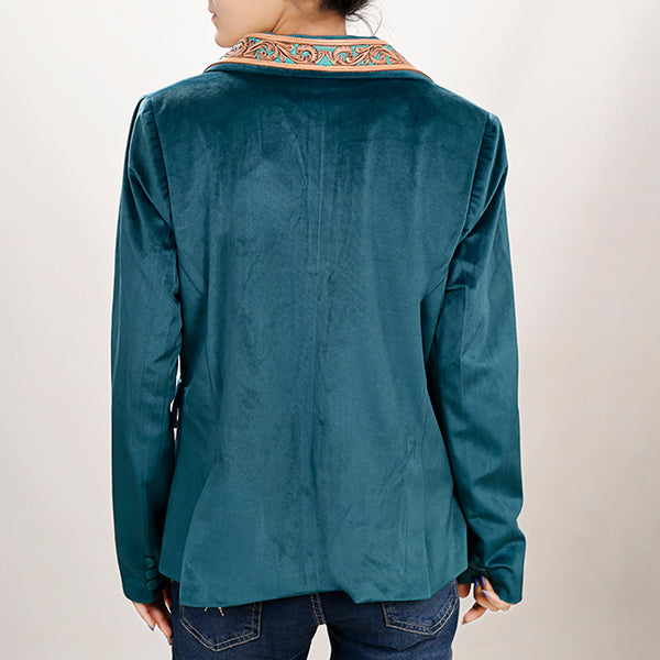ADBZ027 Luxury Teal Fabric Western Blazer with Floral Harness Leather Trim