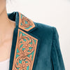 ADBZ027 Luxury Teal Fabric Western Blazer with Floral Harness Leather Trim